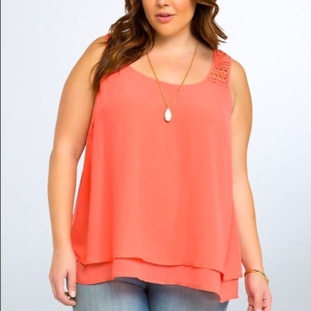 ✨Torrid Coral Tank Top Crochet Detail Sleeveless Layered Casual‎ Blouse Size 00